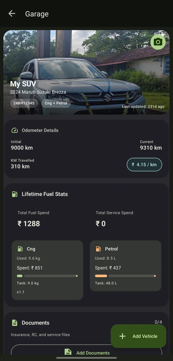 VehiCost Garage screen for one vehicle with odometer details, cost per kilometre and lifetime fuel stats for CNG and petrol.